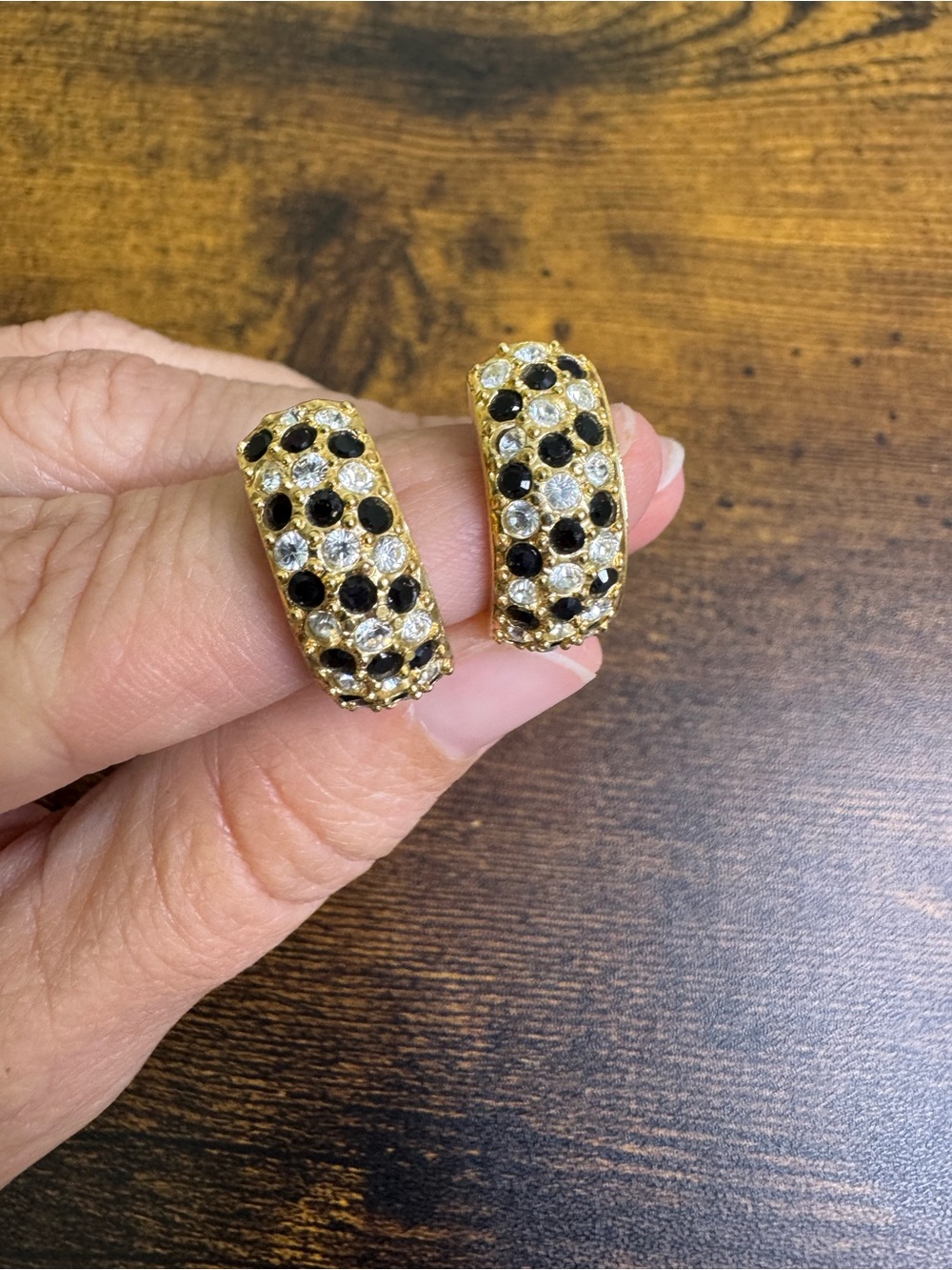 Roman Gold Crystal Hoop Clip-On Earrings with Black and Clear Stones